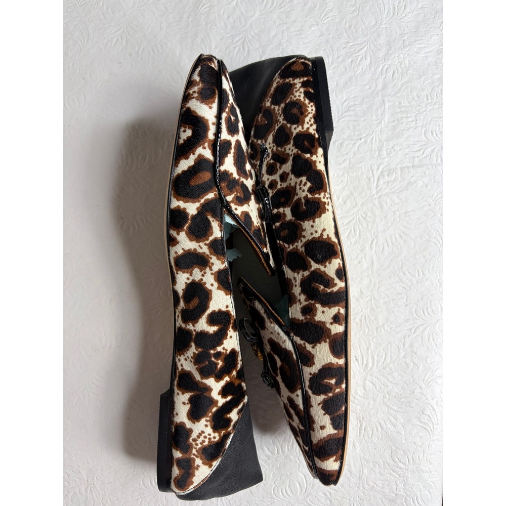 Tory Burch Charm Leopard Calf Hair Loafers Black Leather Trim Logo Bow Flats 8M‎ - Picture 6 of 10